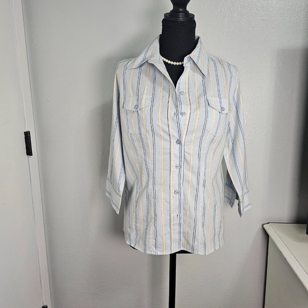 Calypso Light Blue & Yellow Striped Button-Down Shirt - Size Large - Picture 2 of 6